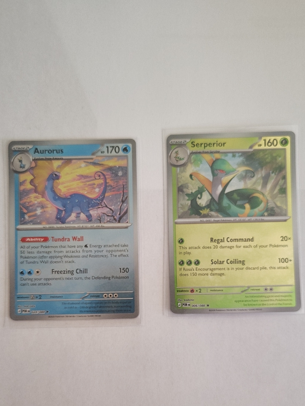 Pokemon Blue Aurorus and Green Serperior Trading Cards